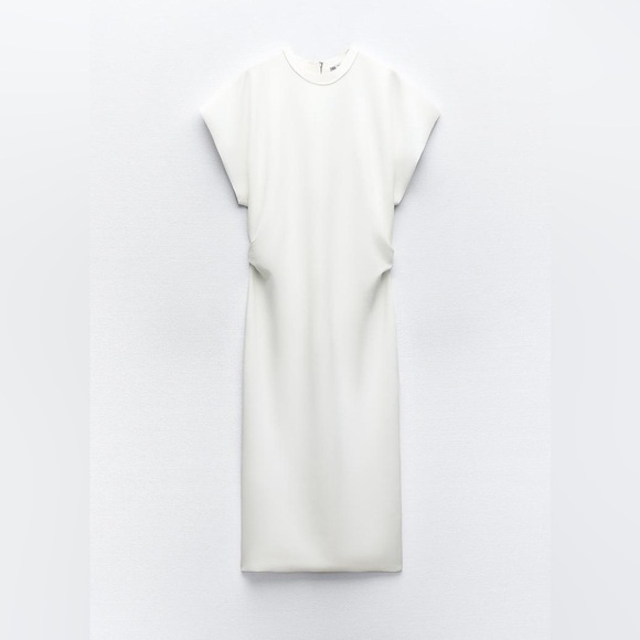 Zara Scuba Effect Round Neck Ruched Waist White Midi Dress Size M NWT - Picture 4 of 13